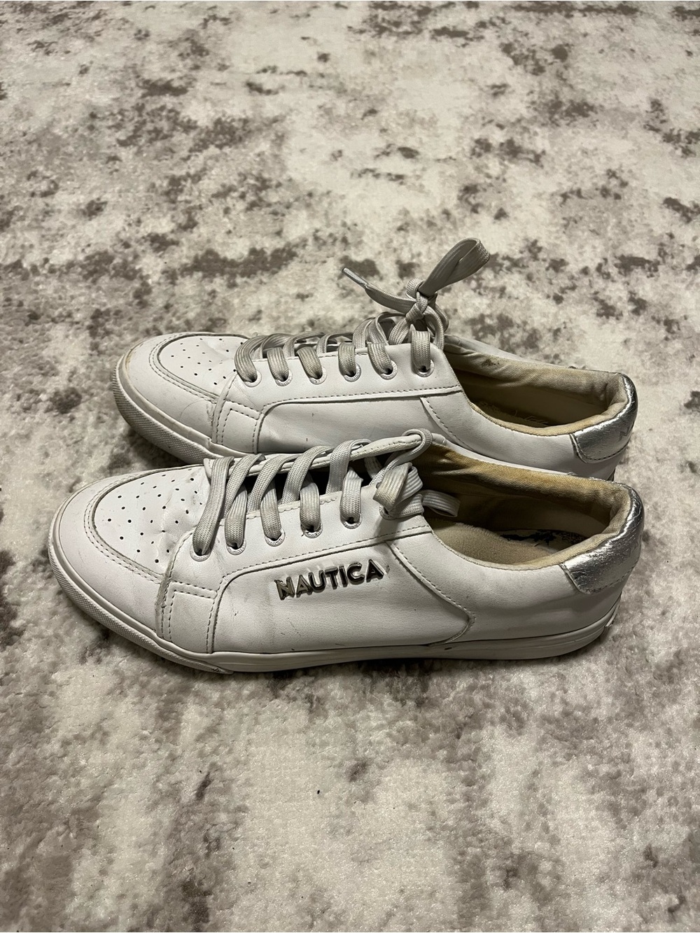 Nautica White Leather Sneakers with Silver Heel Trim